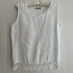 LAURA BIANCHI 100% Linen White Tank Top Crochet Hem Trim Made Italy Summer Chic